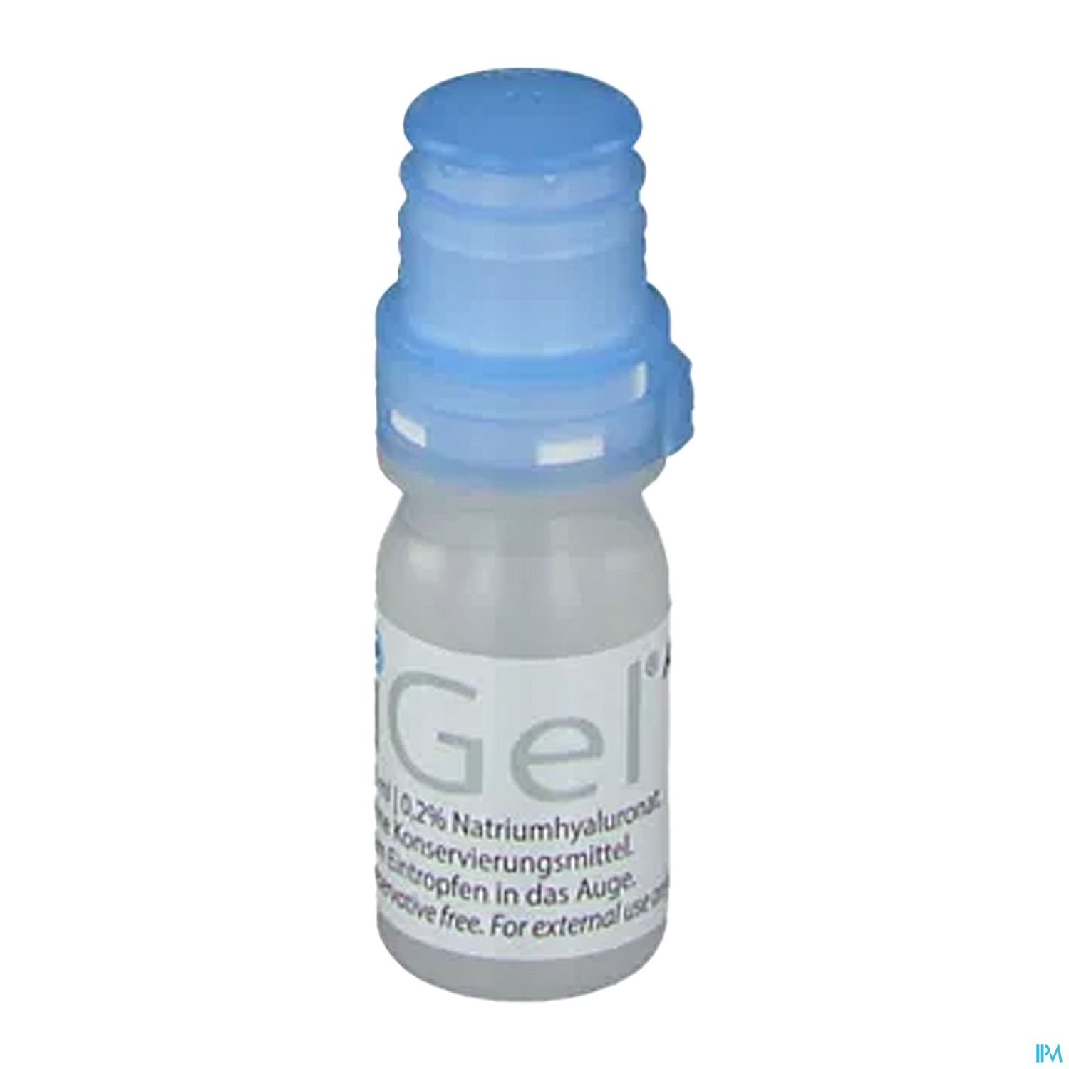 Flasche mit Augentropfen, die 0,2% Natriumhyaluronat enthalten, verpackt in einem kleinen, blauen Behälter.