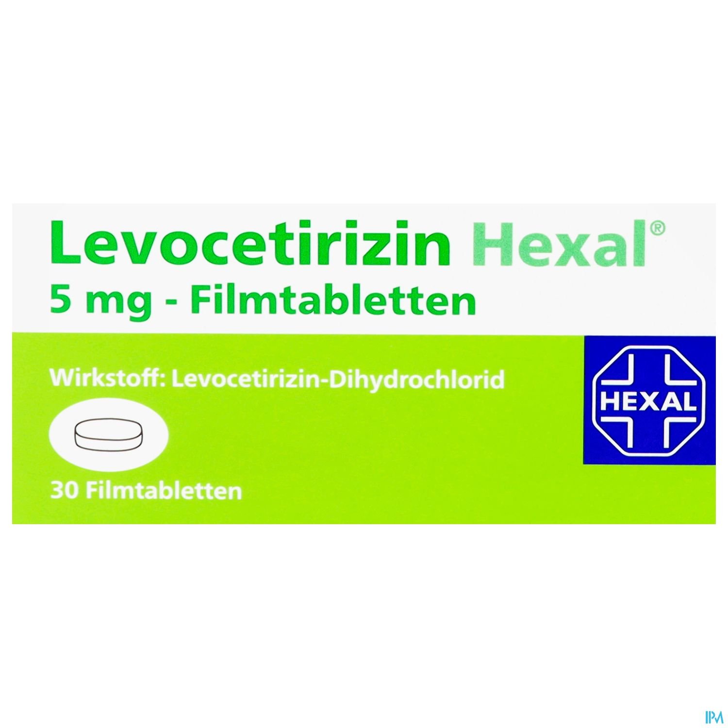 Verpackung von Levocetirizin Hexal 5 mg Filmtabletten, 30 Stück, mit Angaben zum Wirkstoff.