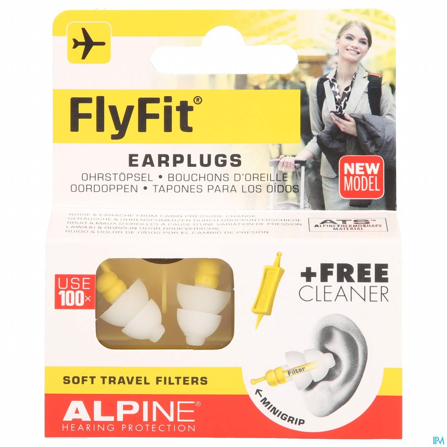 Verpackung von FlyFit Ohrstöpseln mit Hinweis auf Reiseanwendung und enthaltenem Reinigungswerkzeug.