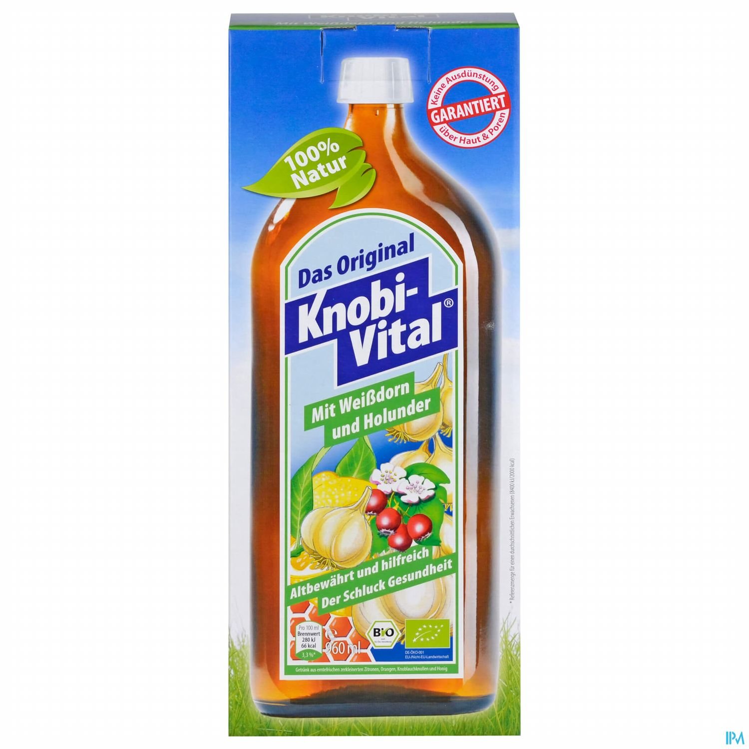 Flasche mit Knobi-Vital, einem Naturprodukt mit Weißdorn und Holunder, auf grünem Hintergrund.