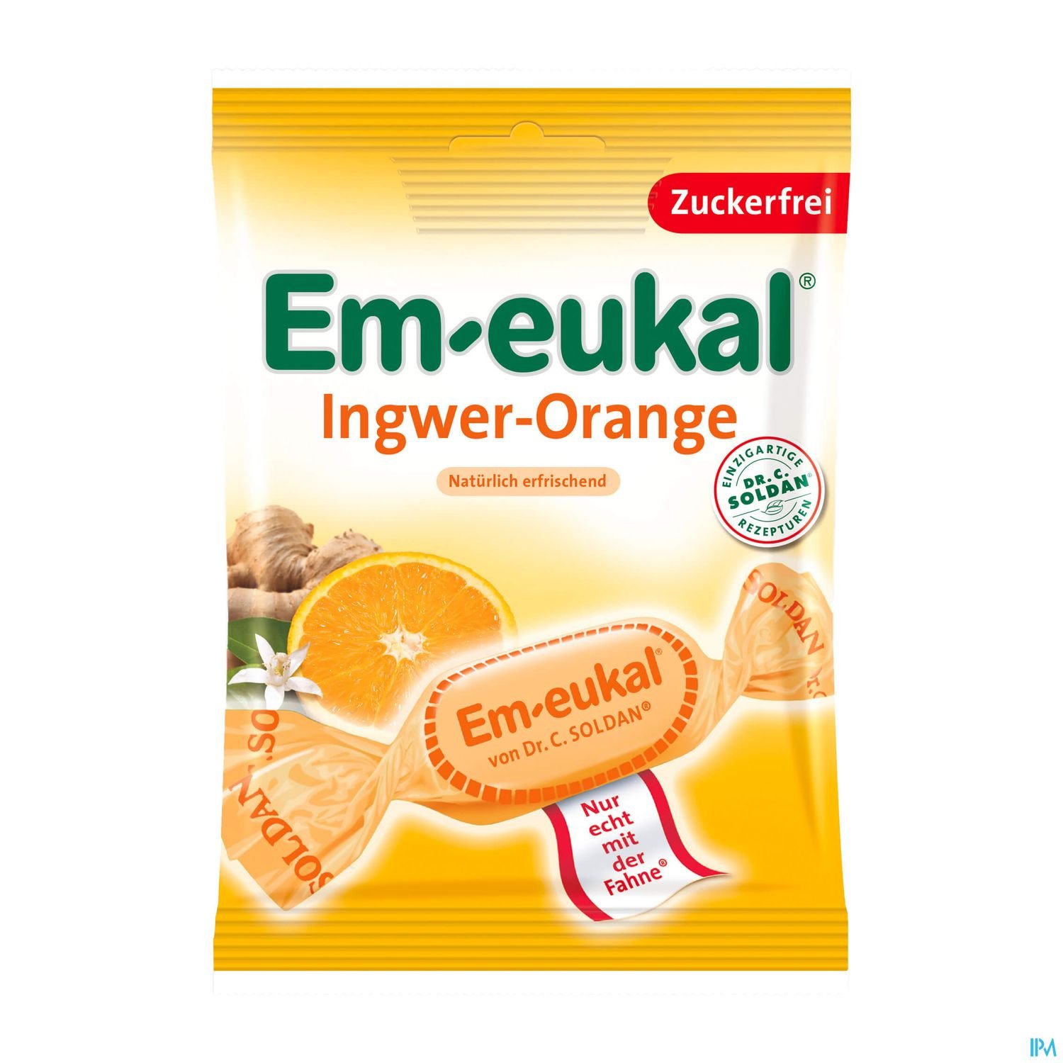 Verpackung von Em-eukal Ingwer-Orange mit der Aufschrift "Zuckerfrei" und einem orangefarbenen Design.