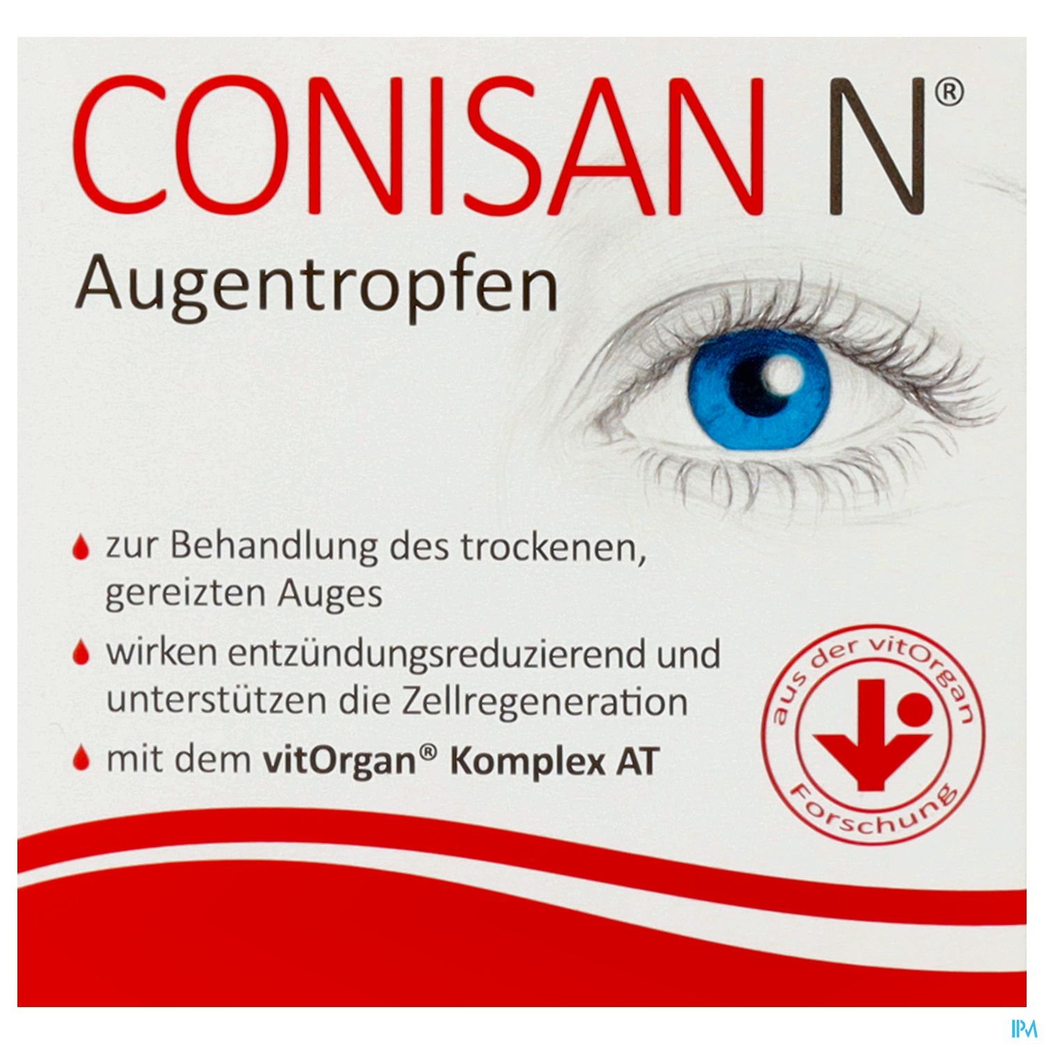 Verpackung von CONISAN N Augentropfen mit Hinweis auf die Behandlung von trockenem, gereiztem Auge und den vitOrgan® Komplex AT.