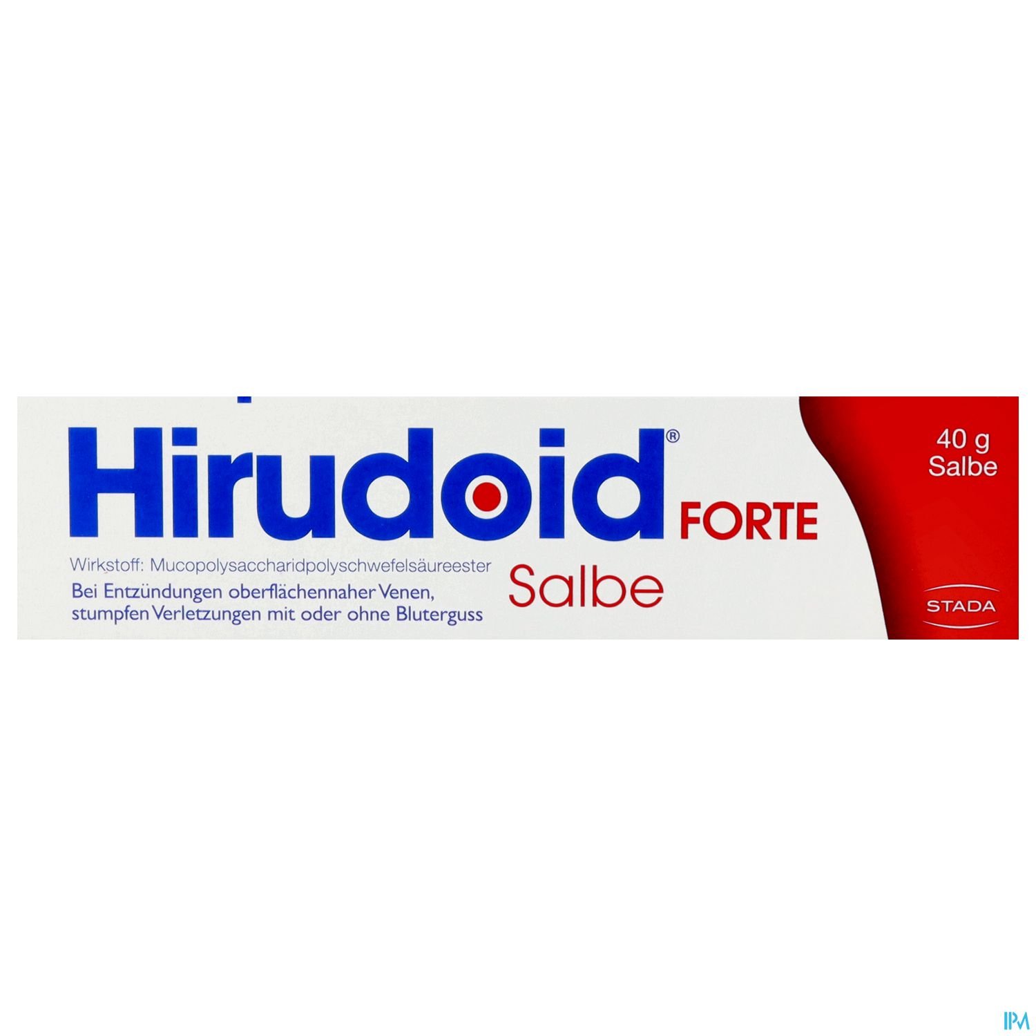 Tube mit der Aufschrift "Hirudoid Forte Salbe 40 g", verwendet bei Entzündungen oberflächlicher Venen und Blutergüssen.