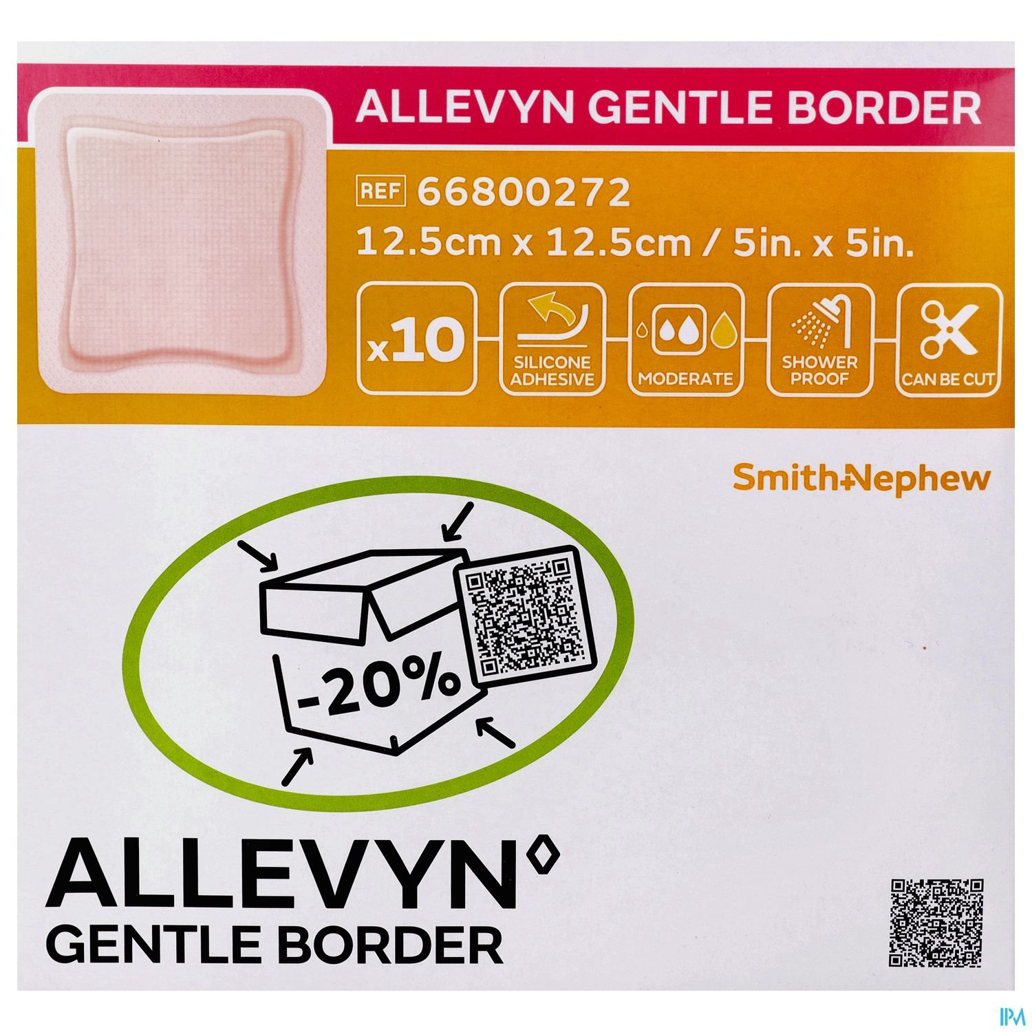 Packungsdesign von Alleyn Gentle Border mit Produktinformationen, QR-Code und Rabattangebot.