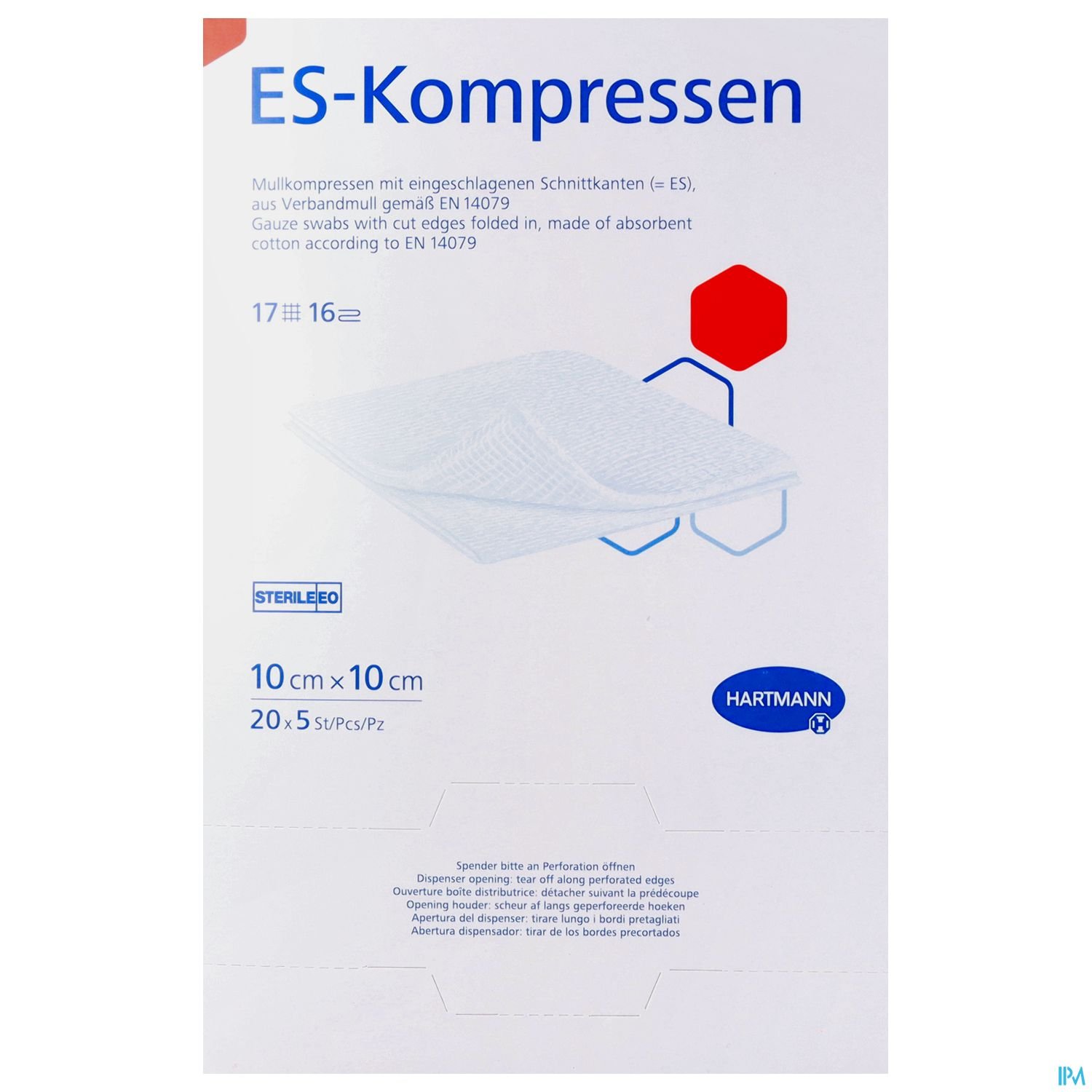 Verpackung mit ES-Kompressen, 10 cm x 10 cm, 20 Stück, sterilisierte Mullkompressen aus saugfähiger Baumwolle.