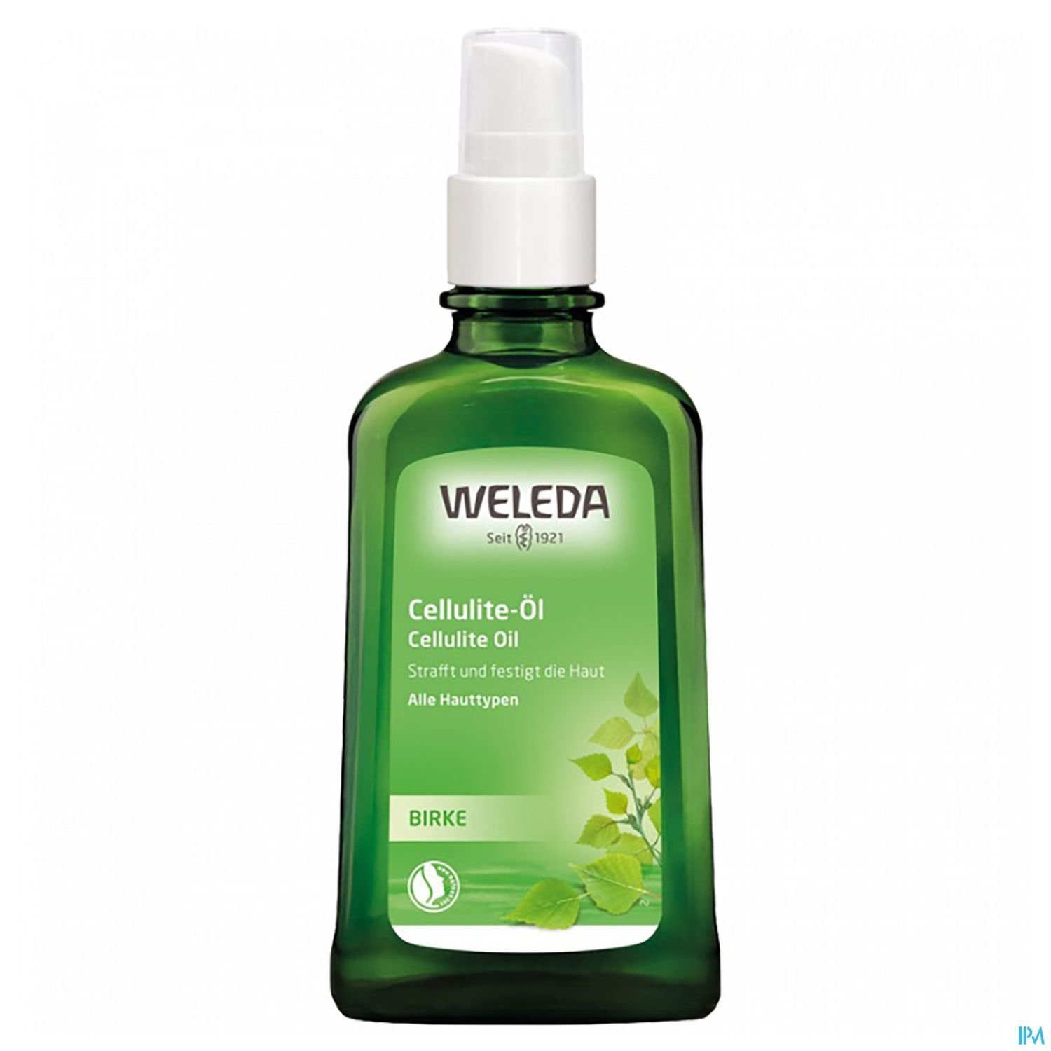 Grüne Flasche mit Weleda Cellulite-Öl, beschriftet mit "Cellulite Öl" und Hinweisen zur Anwendung für alle Hauttypen.