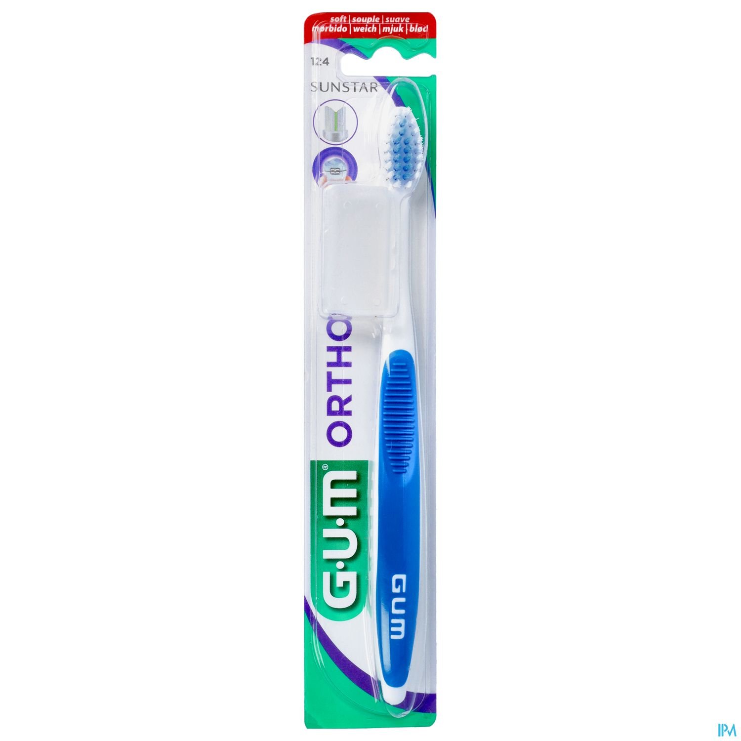 Zahnbürste der Marke G.U.M in blauer und weißer Verpackung mit der Aufschrift "ORTHO".
