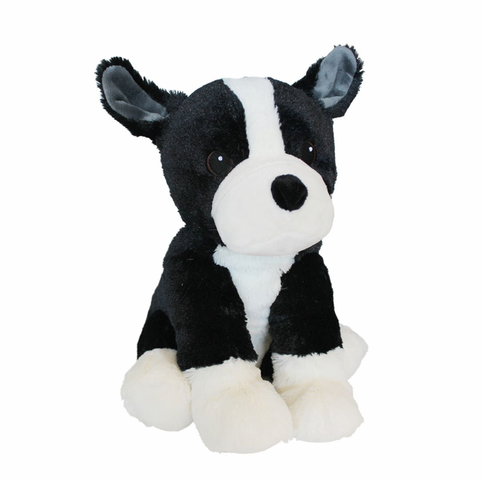 Stoffhund in Schwarz-Weiß mit großen Augen und weichem Fell.