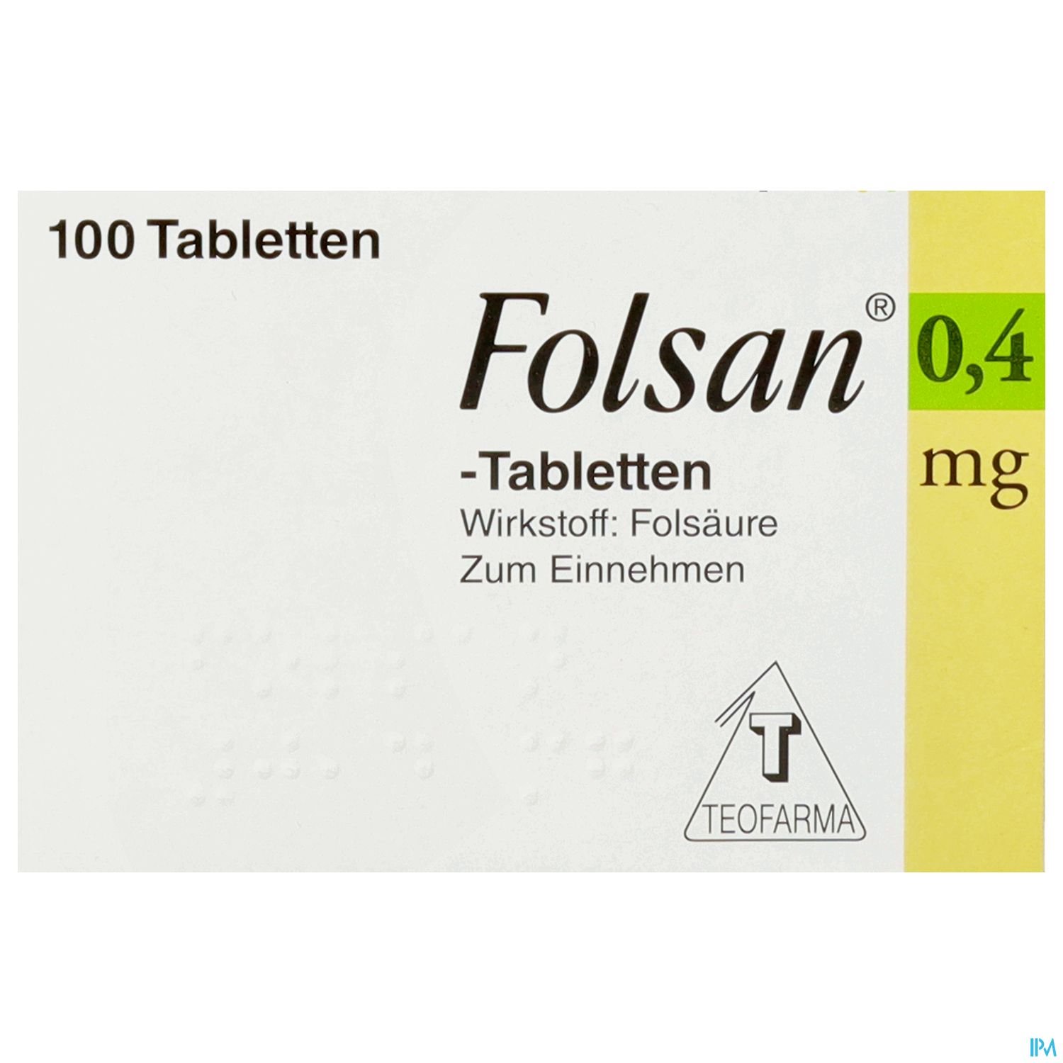 Packungsdesign von Folsan® 0,4 mg Tabletten, 100 Tabletten, mit Hinweis auf den Wirkstoff Folsäure.