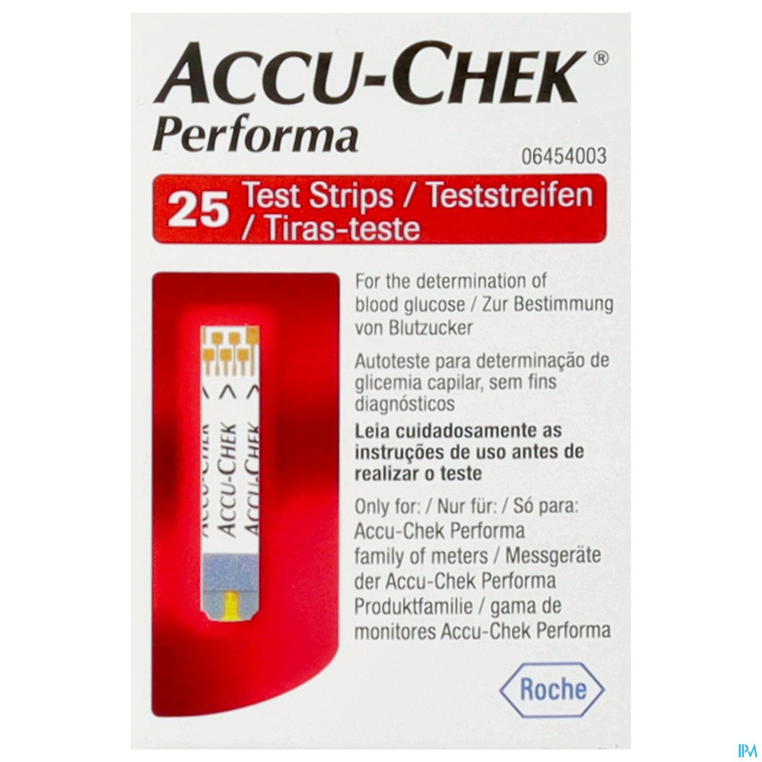 Verpackung mit 25 Accu-Chek Performa Blutzucker-Teststreifen.