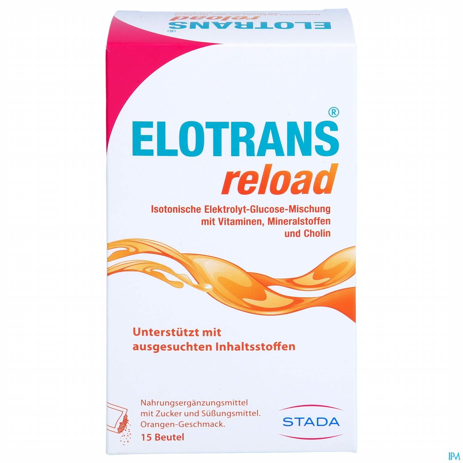 Packung von ELOTRANS reload, einem isotonischen Elektrolyt-Glucose-Mischung mit Vitaminen, Mineralstoffen und Cholin, Geschmack Orange, 15 Beutel.