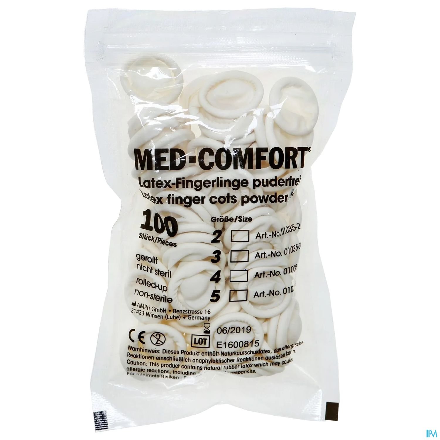 Verpackung mit Latex-Fingerlingen, 100 Stück, nicht steril, von MED-COMFORT.