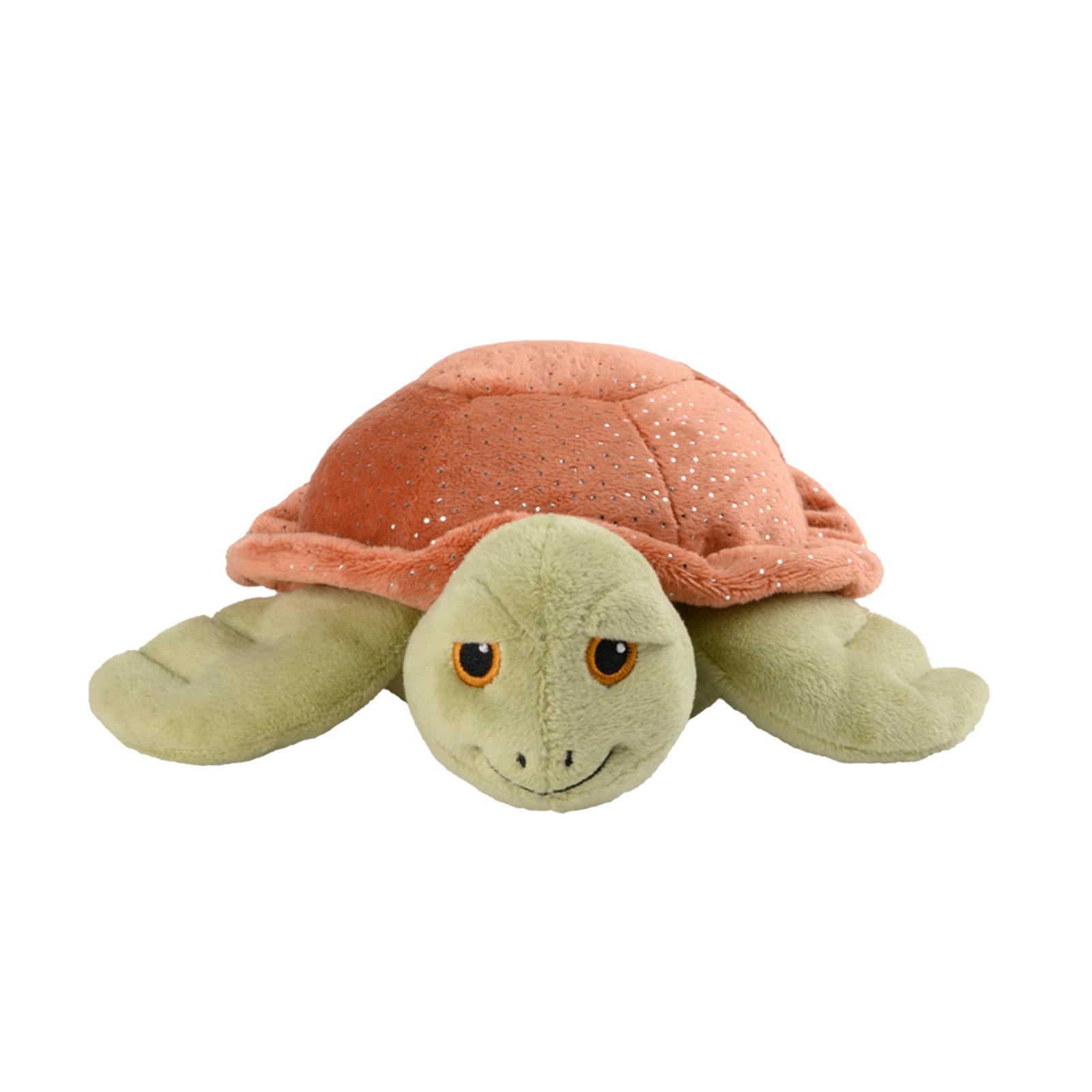 Plüschschildkröte mit orangefarbenem Panzer und freundlichem Gesicht.
