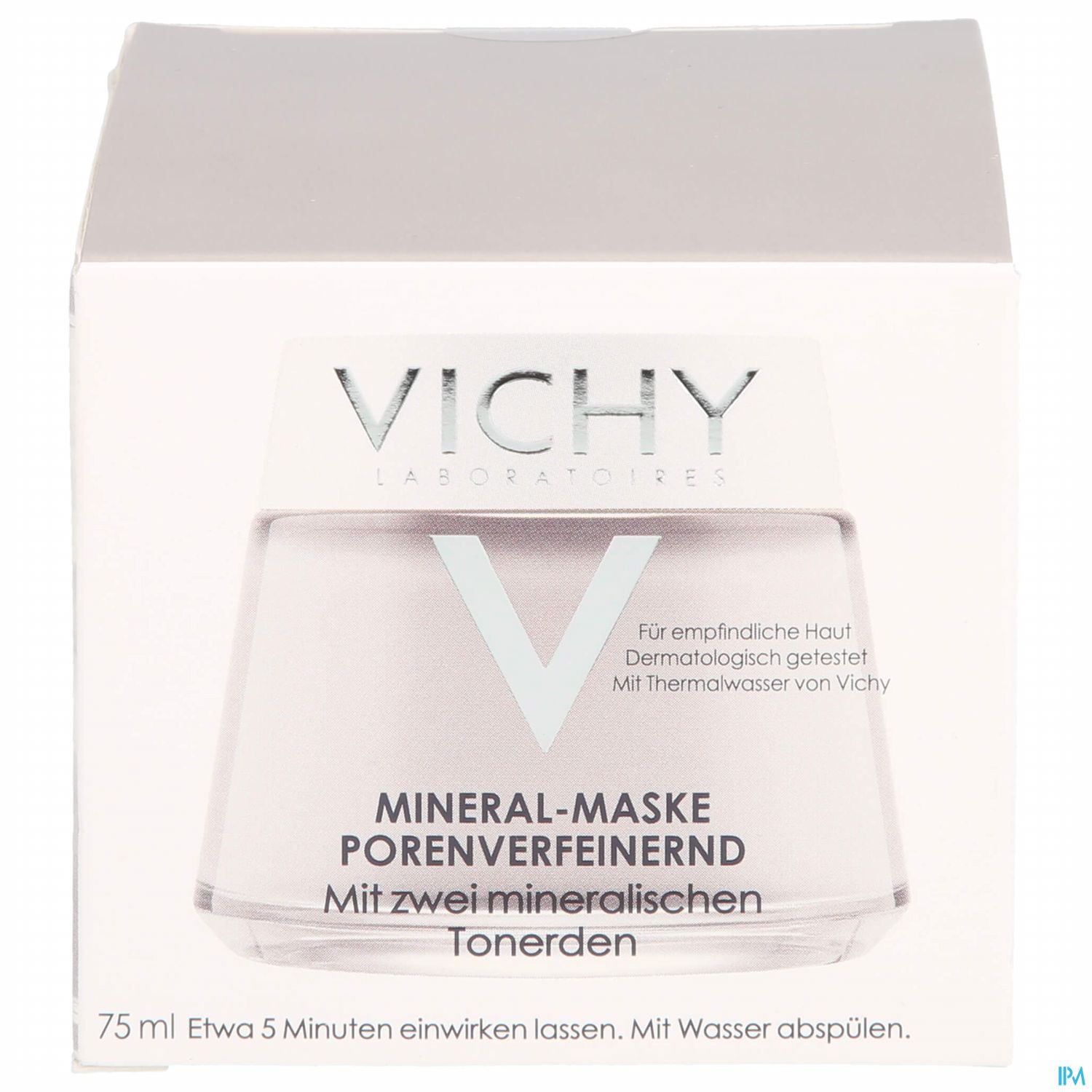 Verpackung einer Vichy Mineralmaske zur Porenverfeinerung, 75 ml, mit Angaben zur Anwendung und Inhaltsstoffen.