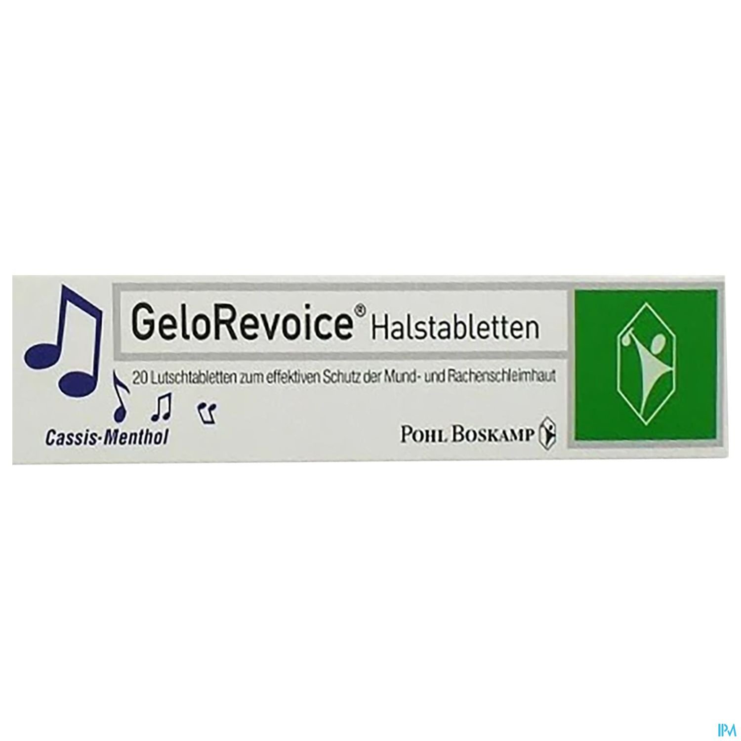 Verpackung der GeloRevoice Halstabletten mit Beschreibung und Geschmacksrichtung Cassis-Menthol.