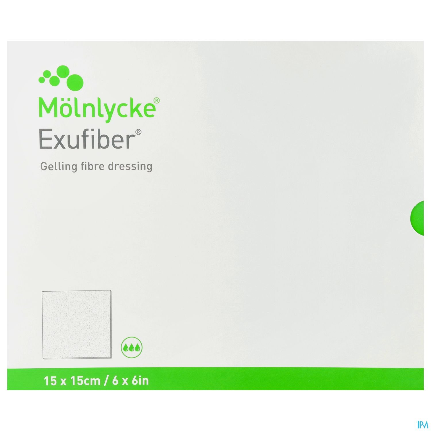 Verpackung eines Gelfaserverbands "Exufiber" von Mölnlycke, 15 x 15 cm.