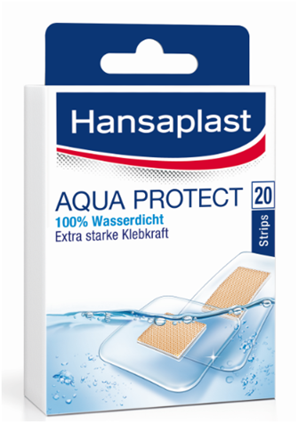 Packung mit Hansaplast Aqua Protect, 20 wasserfesten Pflastern, abgebildet mit blauer und weißer Gestaltung.