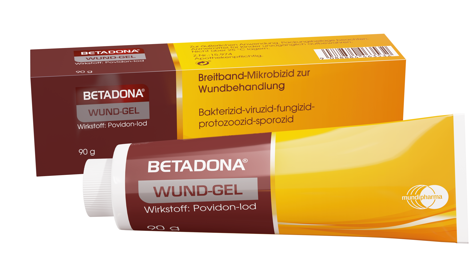 Illustration einer Tube Betadona Wund-Gel und der dazugehörigen Verpackung mit Angaben zur Anwendung und Wirkstoff.