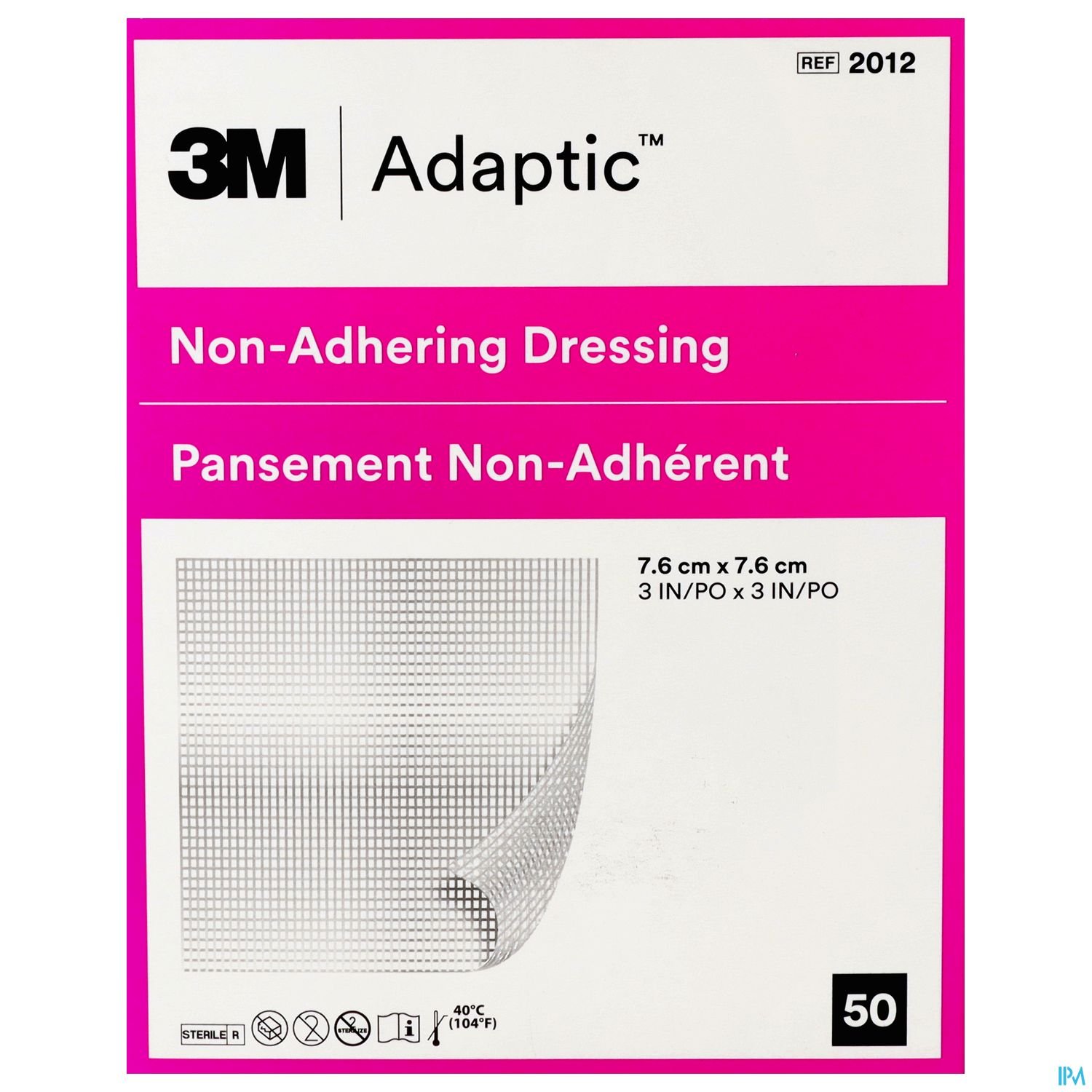 Verpackung eines nicht haftenden Wundschnellverbandes von 3M, Modell Adaptic, mit Abmessungen 7,6 cm x 7,6 cm.