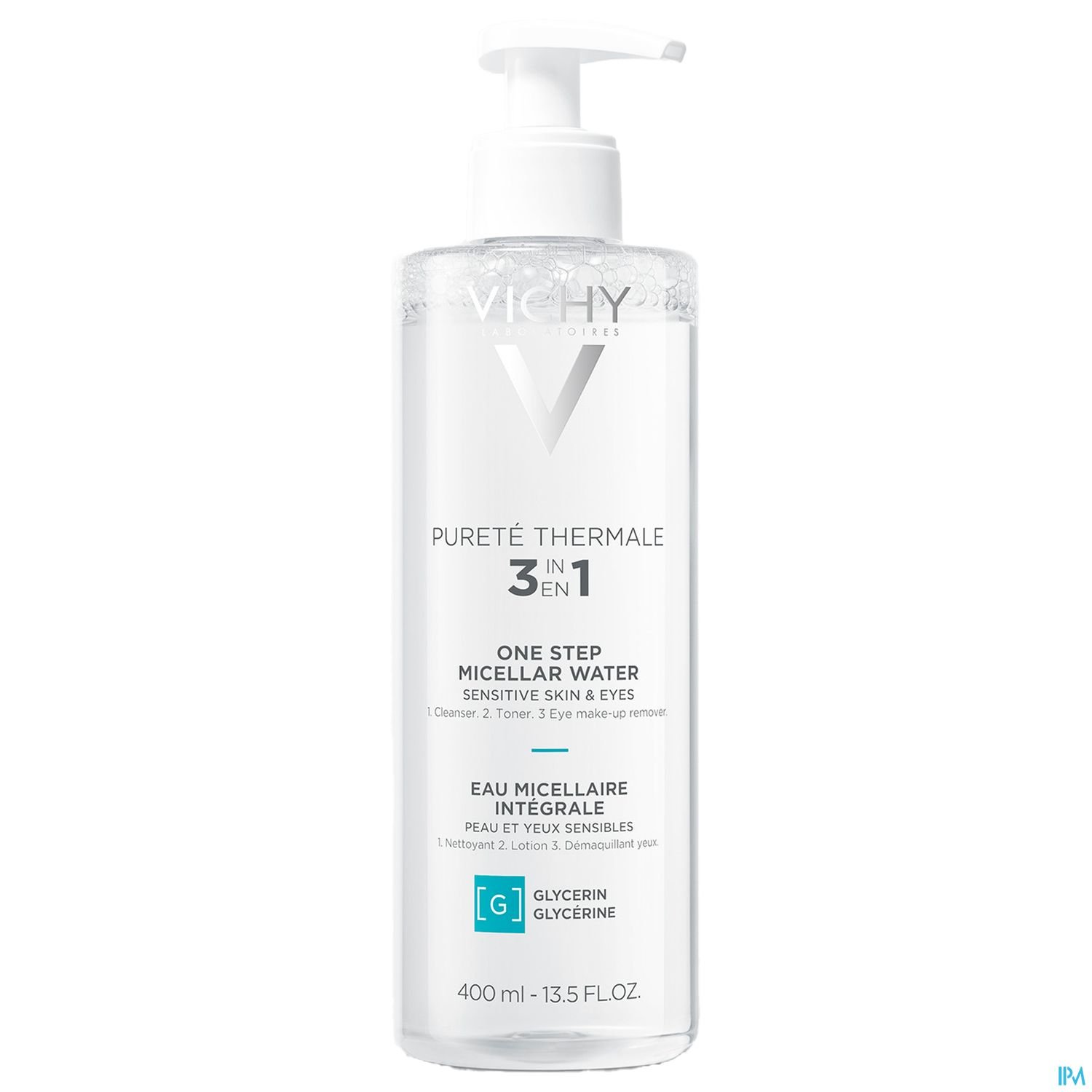 Flasche Vichy Pureté Thermale 3-in-1 Mizellenwasser mit 400 ml Inhalt.