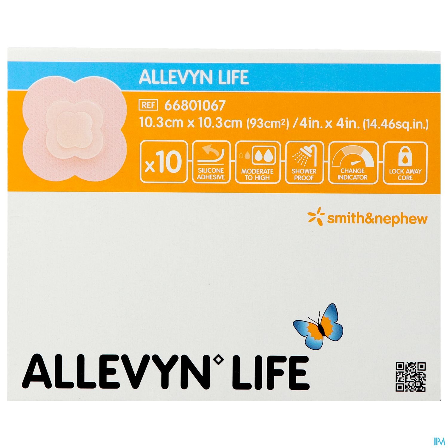 Packungsdesign für Allevyn Life, zeigt Produktinformationen wie Größe, Anzahl und Eigenschaften.
