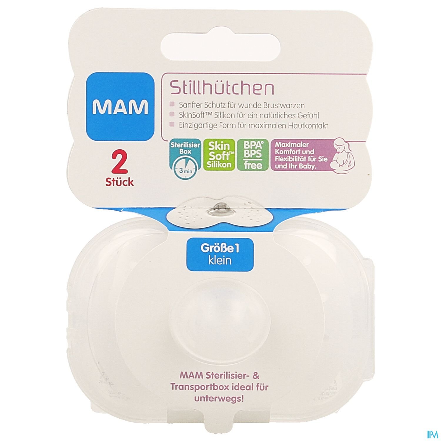 Packung mit zwei stillhütchen von MAM, mit Beschreibung und Informationen zur Größe und Transportbox.