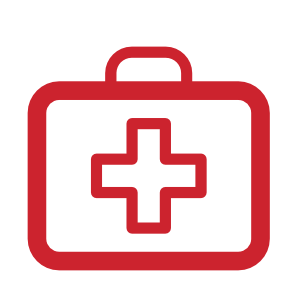 Rotes Symbol eines Erste-Hilfe-Koffers mit einem Kreuz, häufig verwendet im Gesundheitswesen und für Notfallversorgung.