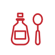 Icon eines Fläschchens mit Flüssigkeit und einem Löffel, geeignet für die Darstellung von Essig oder ähnlichen Zutaten in Rezepten.
