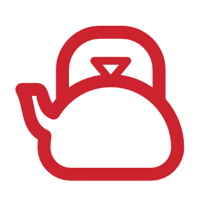 Rotes Symbol eines Teekessels, stilisiert und einfach gehalten, ideal für die Darstellung von Tee oder Kochutensilien.