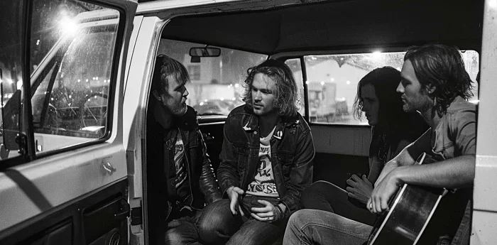 Schwarz-weiß-Foto von vier Männern in einem Lieferwagen, die miteinander sprechen. Einer hält eine Gitarre, während sie in einer entspannten Atmosphäre sitzen. Die Stadtlichter sind im Hintergrund sichtbar.