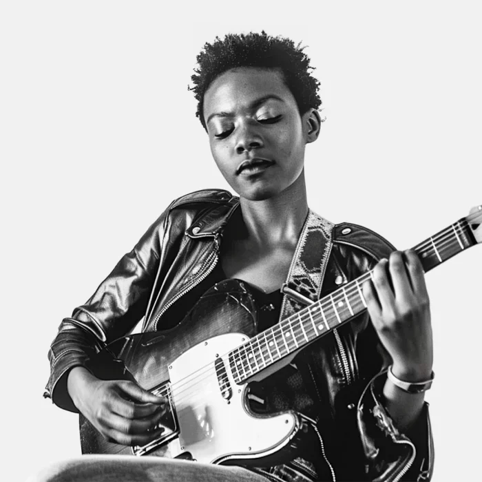 Schwarz-weiß Bild einer Musikerin, die eine E-Gitarre spielt. Sie trägt eine schwarze Lederjacke und hat kurze, lockige Haare. Der Fokus liegt auf ihrem Gesichtsausdruck und der Gitarre.