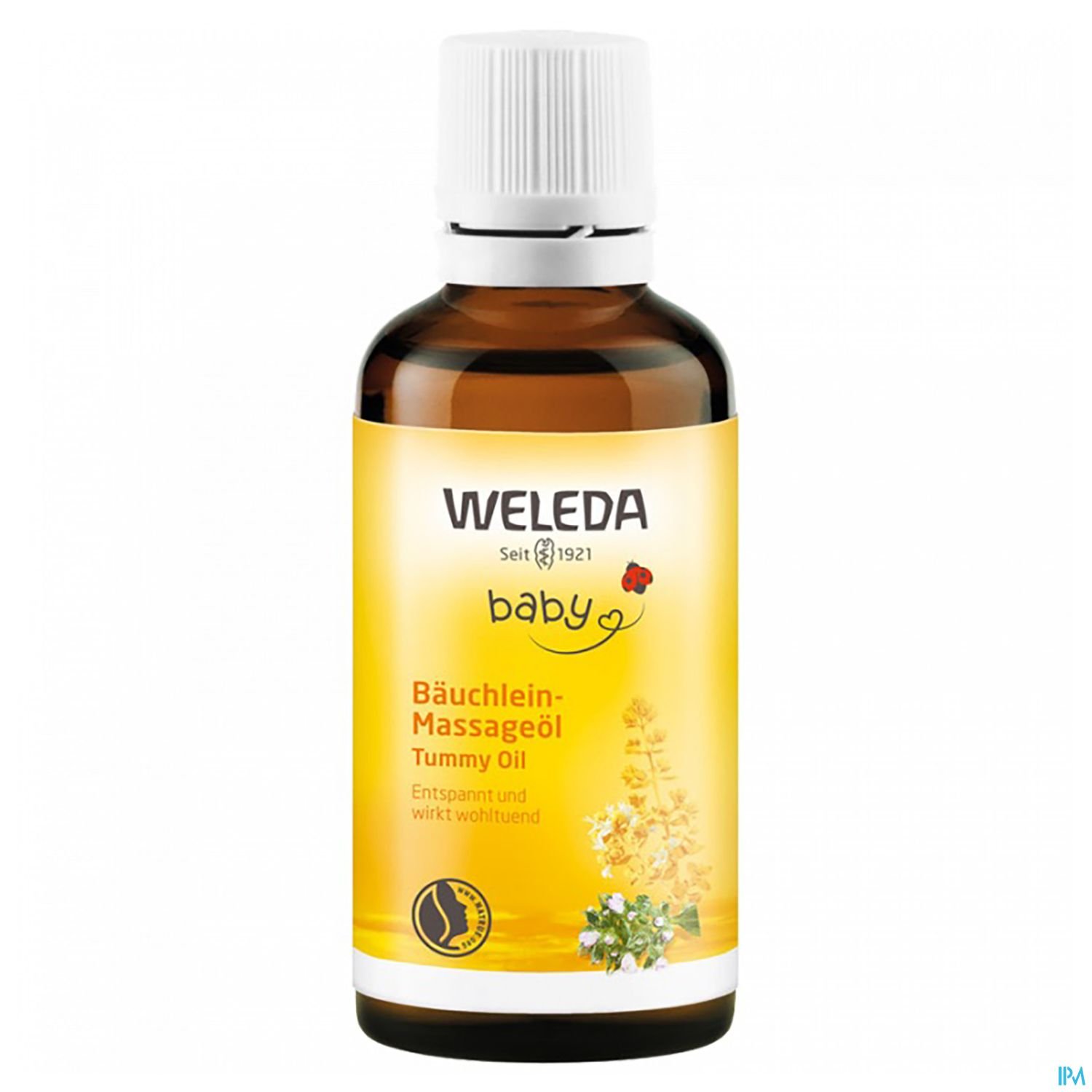 Flasche mit Weleda Bäuchlein-Massageöl für Babys, gelbe Etikettierung, entspannende Wirkung.