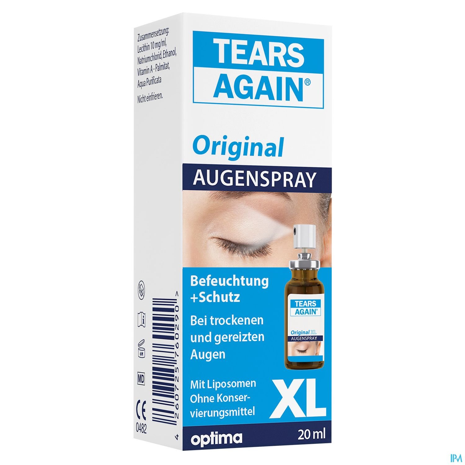 Verpackung des TEARS AGAIN Original Augensprays, 20 ml, mit Hinweisen zur Anwendung bei trockenen und gereizten Augen.