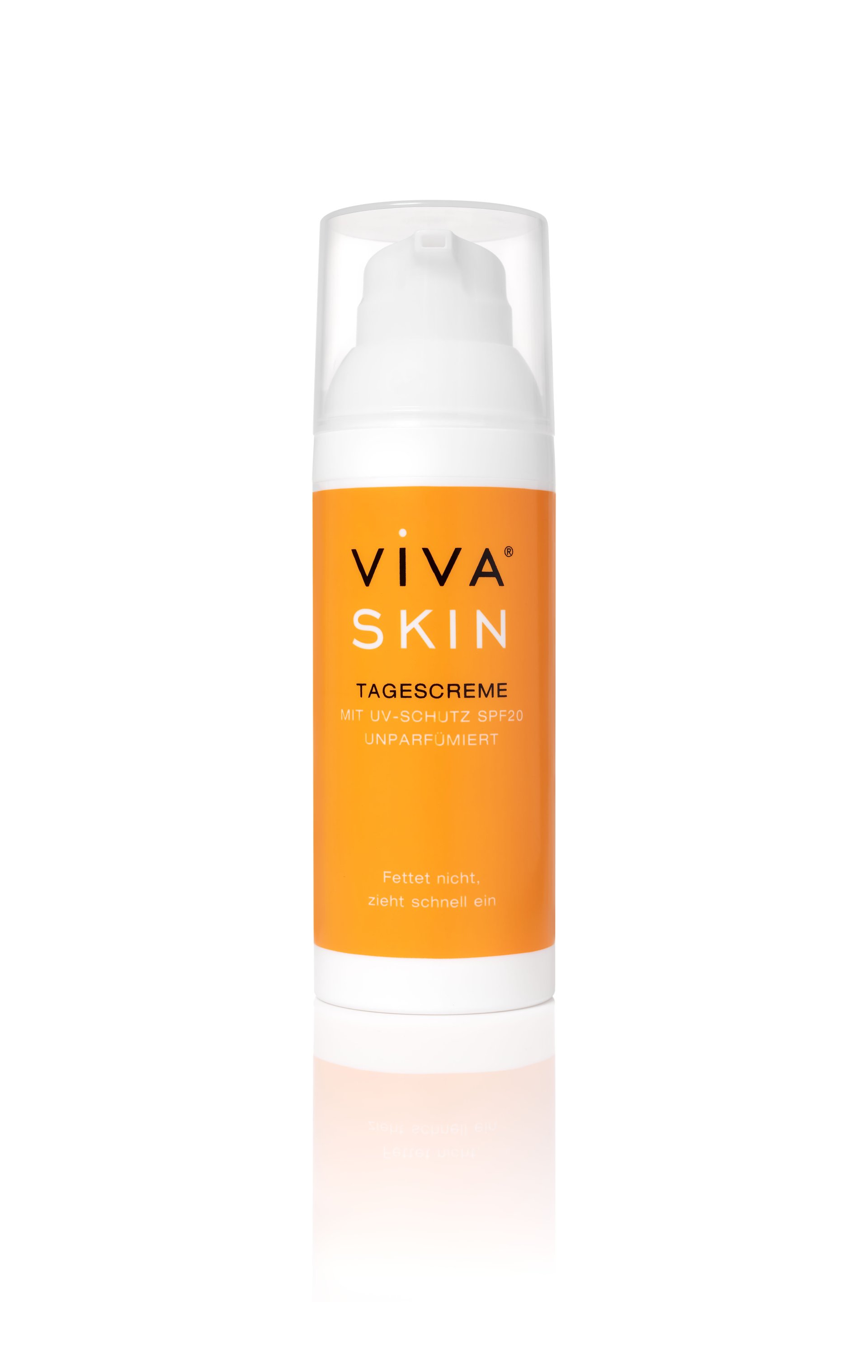 Flasche mit Tagescreme von VIVA SKIN, orangefarbige Verpackung, Hinweis auf UV-Schutz SPF 20.