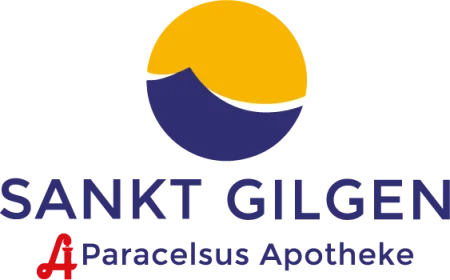 Logo der Paracelsus Apotheke in Sankt Gilgen, bestehend aus einem gelben und blauen Kreis mit Wellenmuster und dem Schriftzug 'SANKT GILGEN' in blauer Schrift sowie dem roten Buchstaben 'A' für Apotheke.