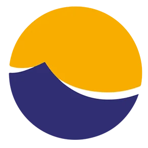 Logo mit einem halbkreisförmigen Design, das eine orangefarbene obere Hälfte und eine dunkelblaue untere Hälfte kombiniert, mit einer weißen Welle, die die beiden Bereiche trennt.