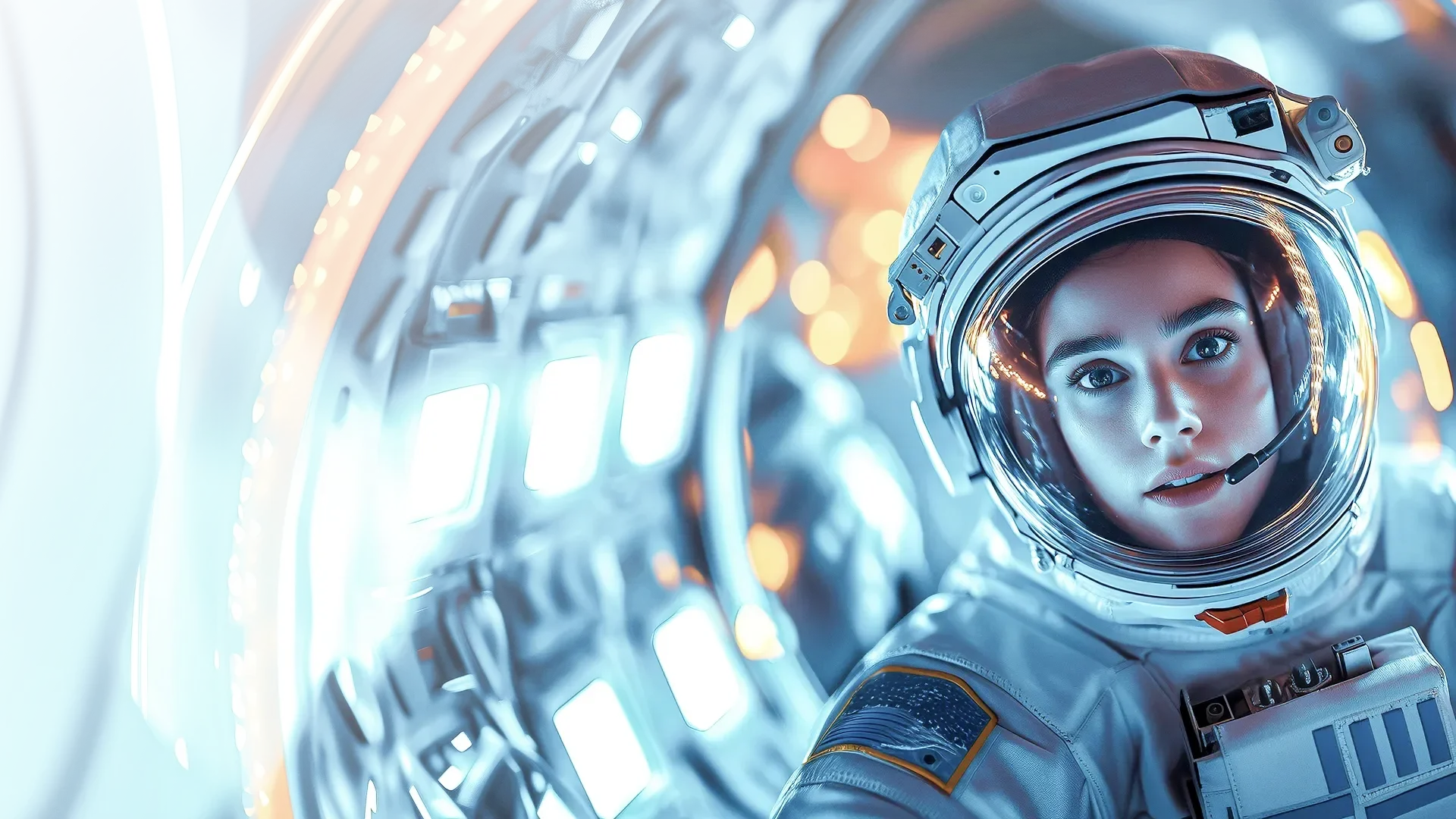 Astronautin in einem modernen Raumfahrzeug, umgeben von futuristischen Lichtern und Instrumenten, die einen faszinierenden Einblick in das Innere eines Raumschiffs bietet.