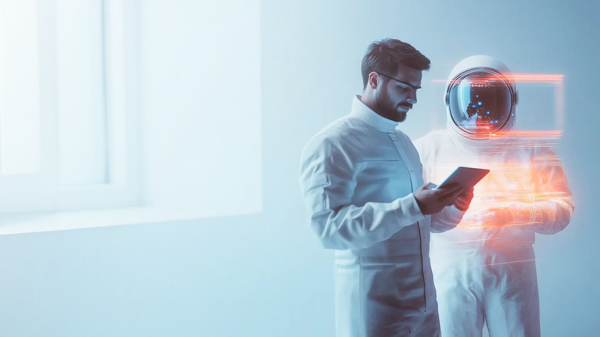 Ein Wissenschaftler in einem weißen Laborkittel, der ein Tablet hält, steht neben einem Astronauten in einem Raumanzug. Der Hintergrund ist hell und minimalistisch, mit sanften Lichtakzenten, die die futuristische Atmosphäre betonen.