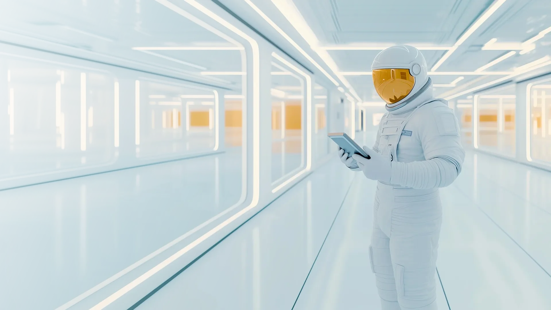 Ein Astronaut in einem futuristischen, hell erleuchteten Raum mit weißen Wänden und orangefarbenen Akzenten, der ein Tablet in der Hand hält.