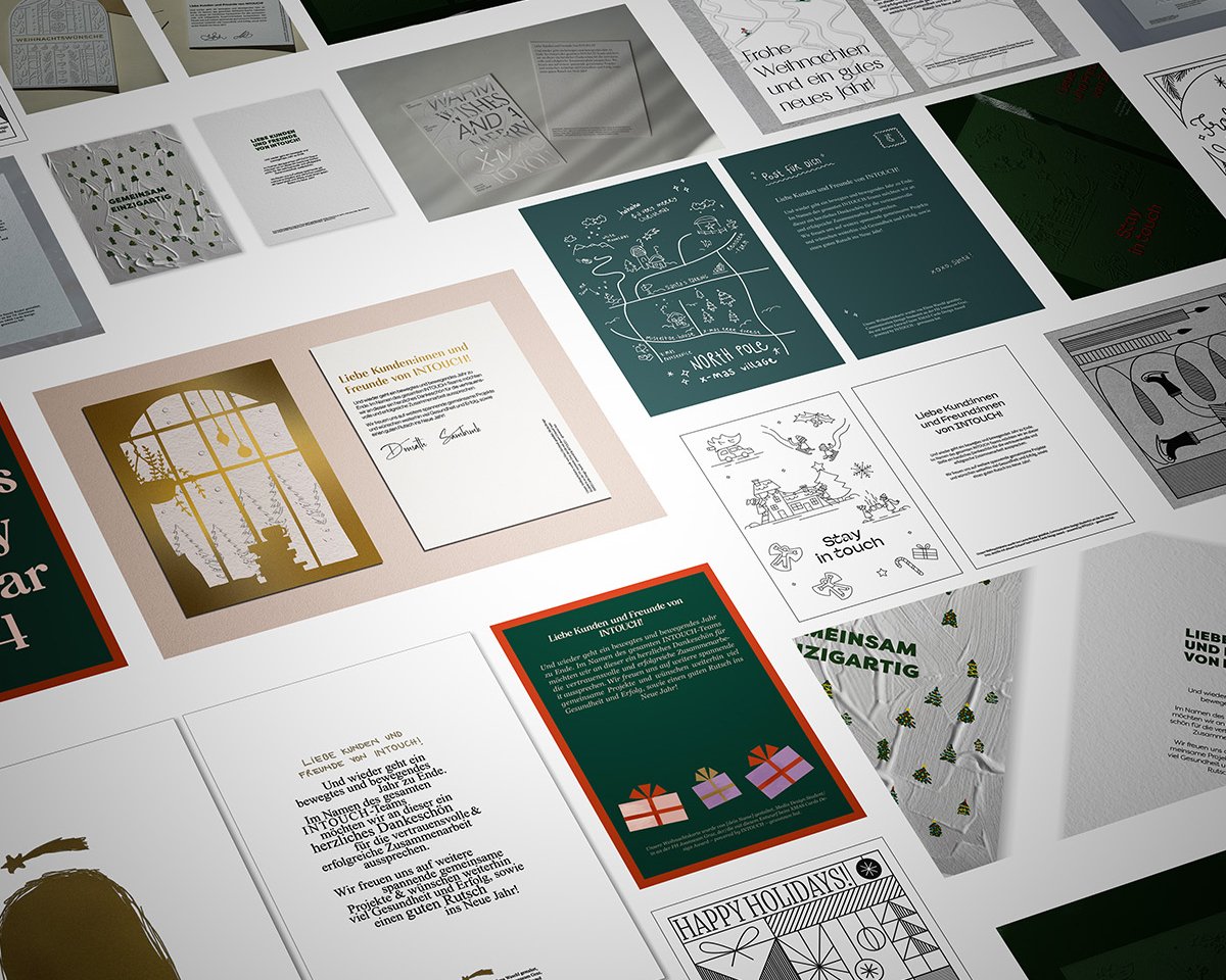 Eine Sammlung von Karten und Designs, die festliche Grüße und Einladungen zeigen. Die Karten sind in verschiedenen Stilen und Farben gestaltet, darunter botanische Muster, Weihnachtsmotive und minimalistische Designs. Einige Karten enthalten handschriftliche Notizen, während andere im modernen Grafikstil gehalten sind. Die Auswahl spiegelt verschiedene Anlässe und Feiertage wider.