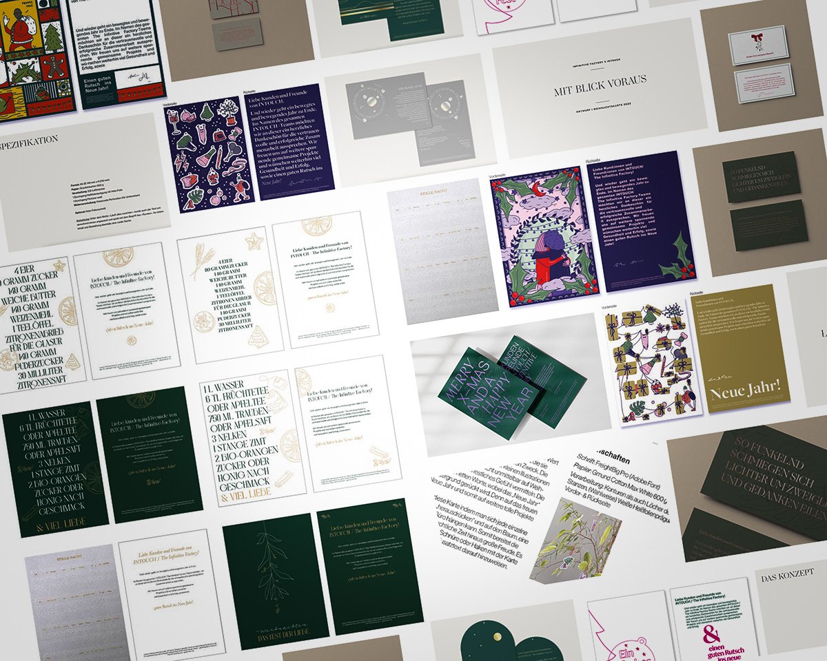 Eine Sammlung von verschiedenen Grußkarten und Einladungen, die in unterschiedlichen Designs und Farben gestaltet sind. Die Karten umfassen festliche und saisonale Themen, darunter Hochzeiten, Neujahr und andere Anlässe. Die Designs zeigen florale Muster, kalligraphische Schriftzüge und illustrative Elemente.