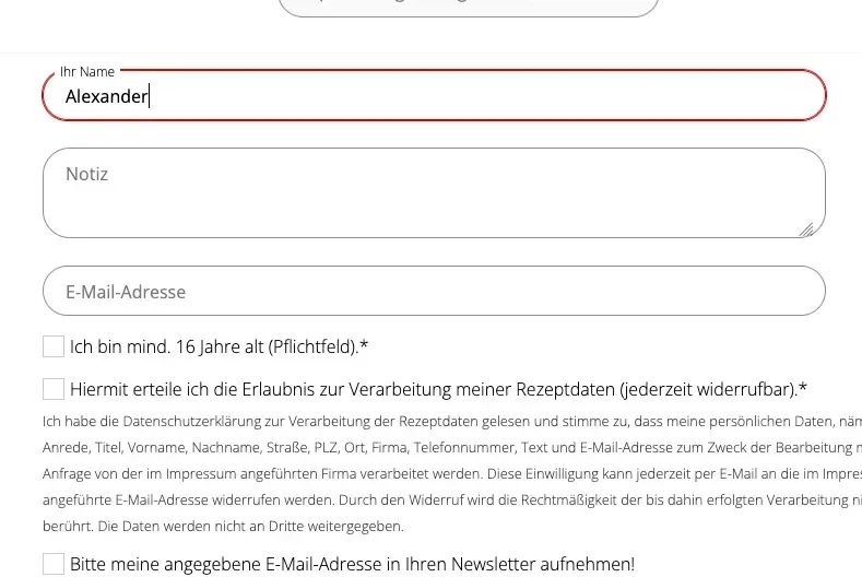 Screenshot von der Fokussierung bei einem Formularfeld