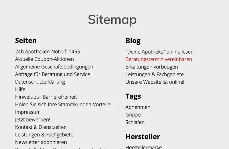 Sitemap einer Apotheke mit Links zu wichtigen Seiten wie 24h Notruf, aktuellen Aktionen, allgemeinen Geschäftsbedingungen, Beratung und Service, Blogbeiträgen zu Gesundheitsthemen sowie Informationen zu Herstellern und Tags.