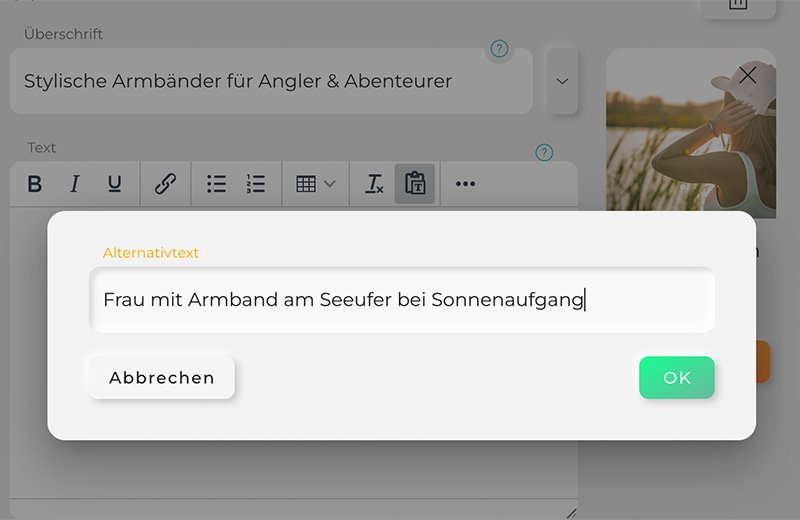 Screenshot von einem alternativen Textfeld bei einem Bild
