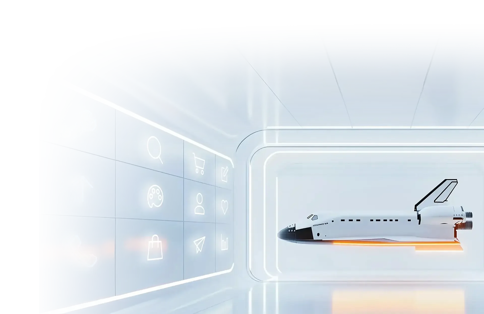 Ein futuristisches Raumfahrzeug in einem modernen, hellen Raum mit leuchtenden Symbolen an der Wand, die verschiedene Funktionen darstellen.
