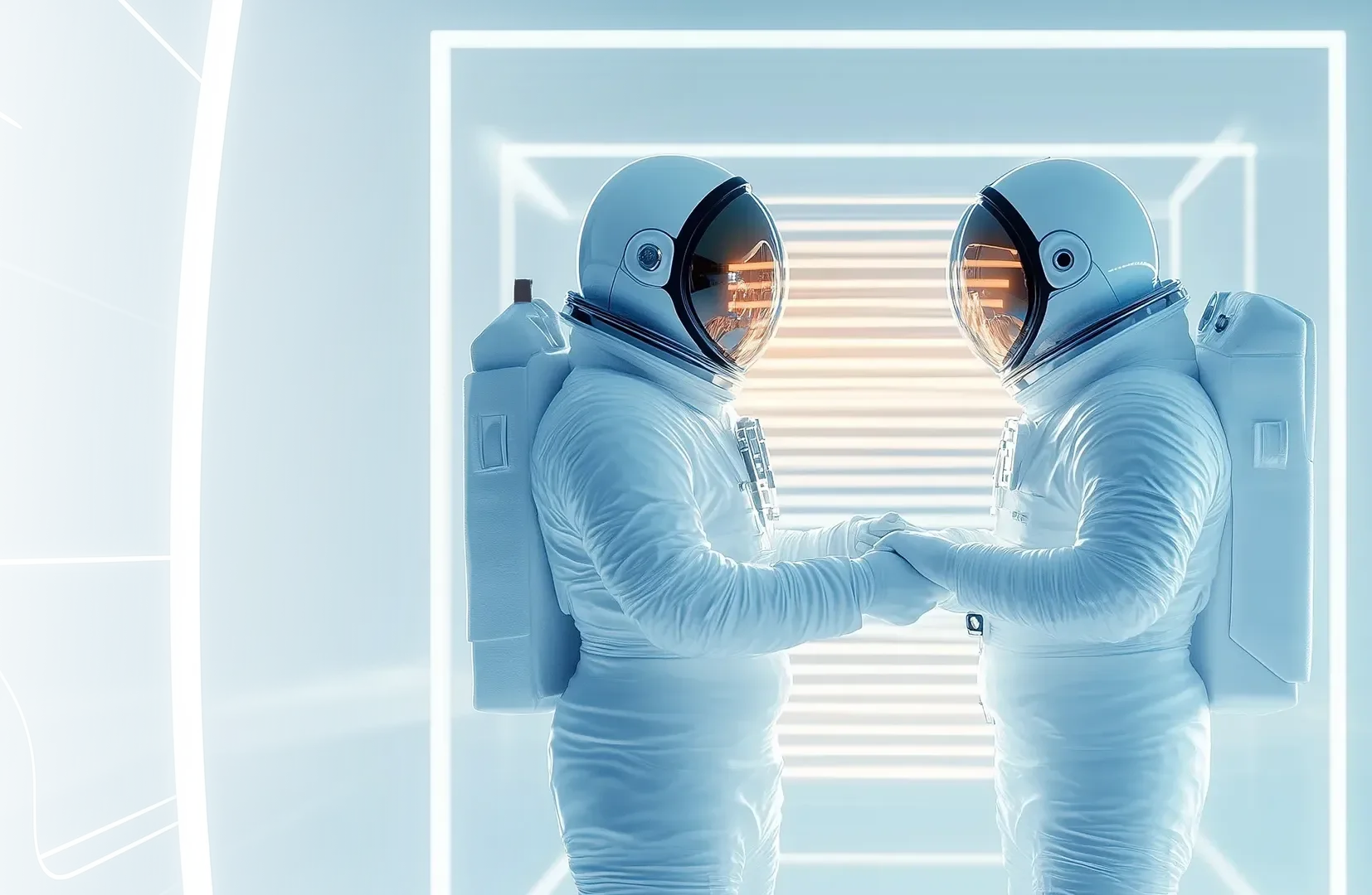 Zwei Astronauten reichen sich die Hände