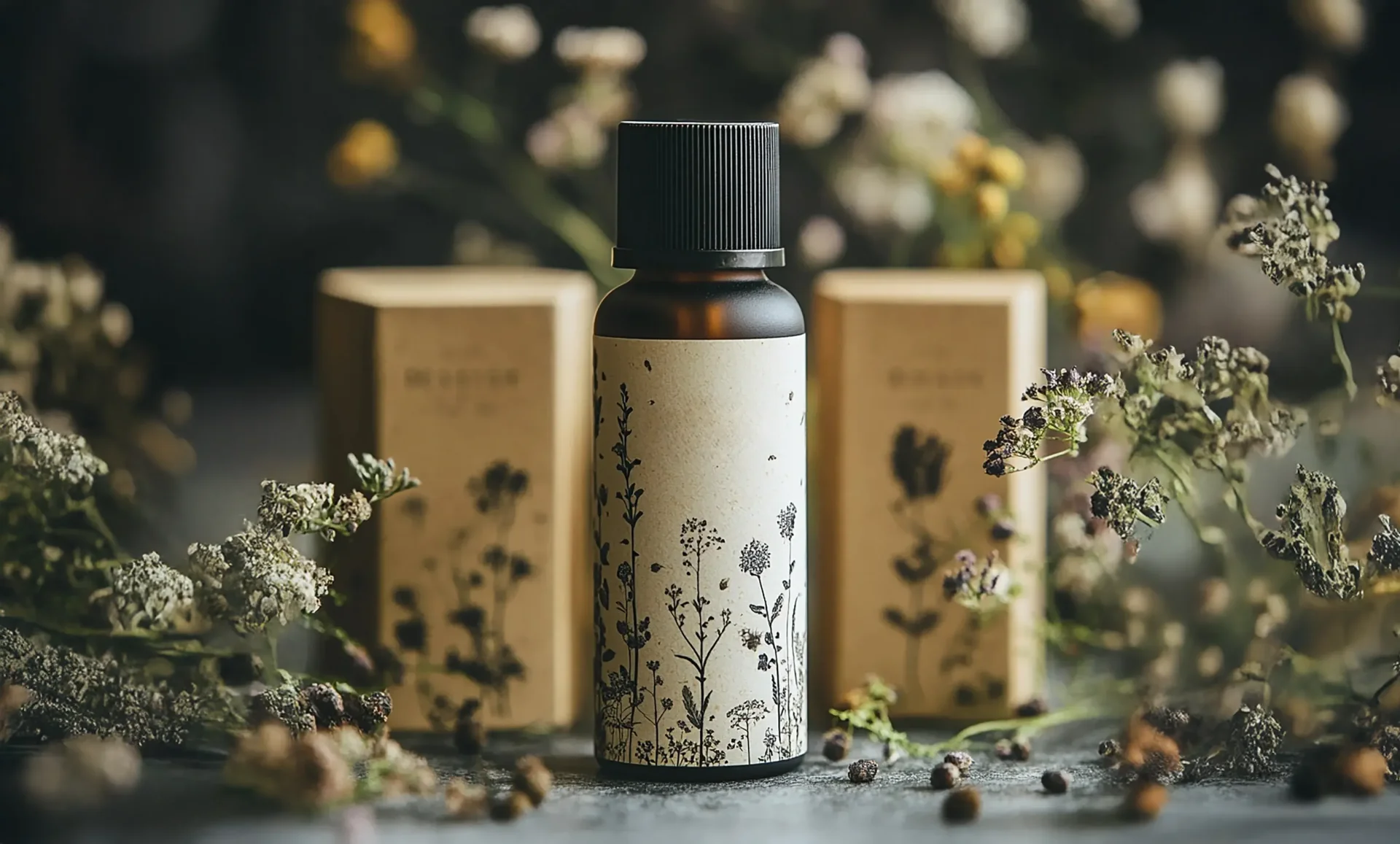 Ein ästhetisches Bild eines Fläschchens mit ätherischem Öl, umgeben von getrockneten Blumen und zwei Verpackungen im Hintergrund. Die florale Gestaltung des Fläschchens und die natürliche Umgebung betonen die biologische und nachhaltige Natur des Produkts.