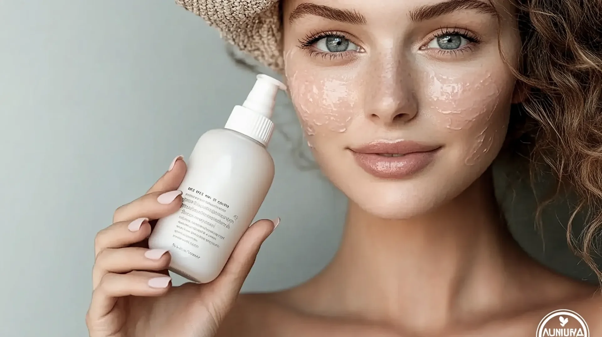 Frau mit lockigem Haar und Hut hält eine Flasche Hautpflegeprodukt in der Hand, während sie in die Kamera lächelt. Die Flasche enthält eine Gesichtscreme oder Serum, das auf ihr Gesicht aufgetragen ist.