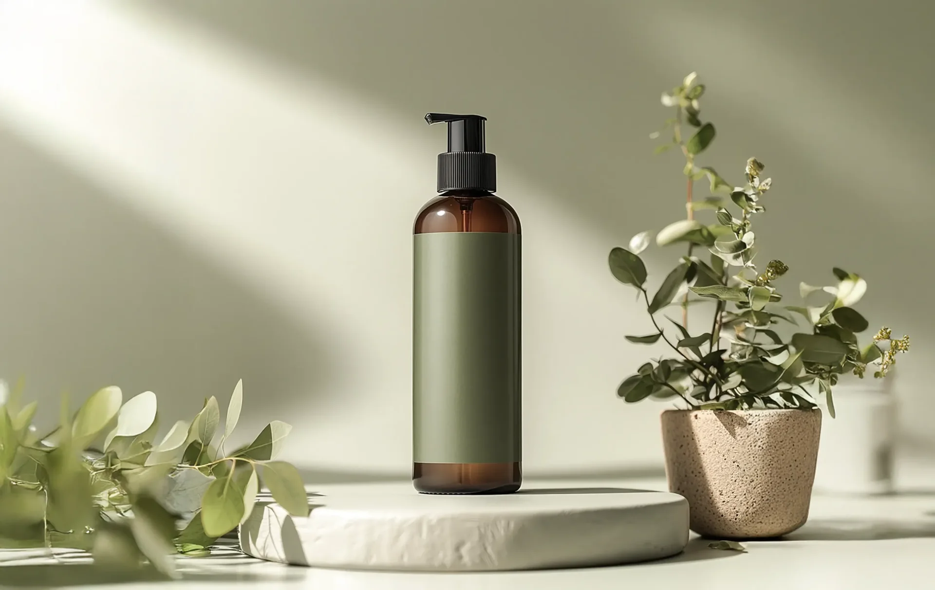 Braune Flasche mit Pumpspender auf einem weißen Marmoruntersetzer, umgeben von grünen Pflanzen und natürlichem Licht, ideal für Kosmetik- oder Pflegeprodukte.