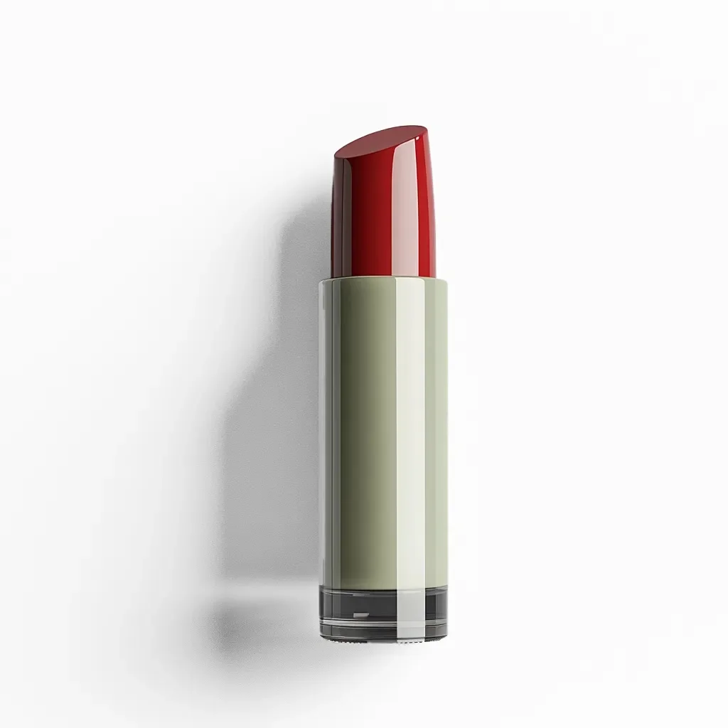 Roter Lippenstift in einem modernen, minimalistischen Behälter mit olivgrüner Verpackung und transparentem Boden.